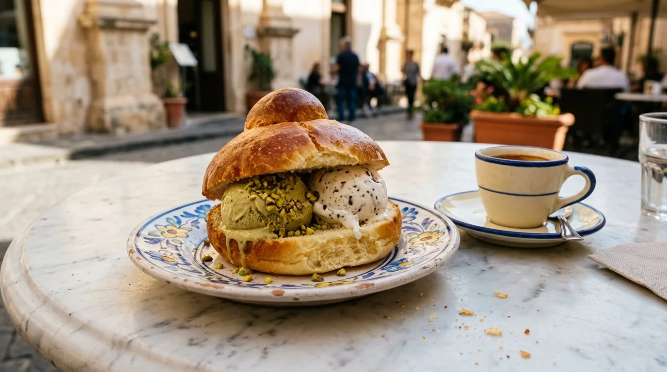 Una brioche col tuppo aperta e farcita con gelato al pistacchio e alla stracciatella su un piatto decorato, un caffè accanto, tavolino di marmo al sole