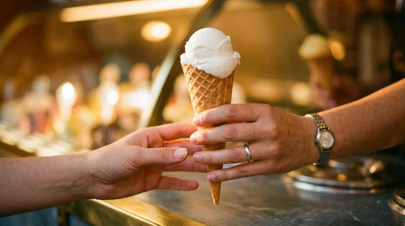 Una mano che porge un cono con una pallina di fior di latte sopra un banco dai bordi in ottone, la vetrina della gelateria sfocata sullo sfondo