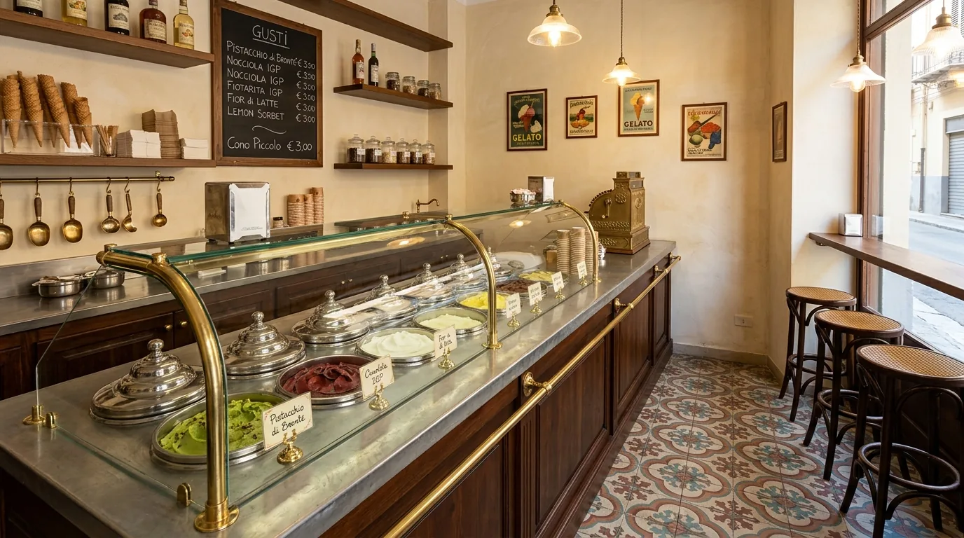 L'interno della gelateria: vetrina curva con le carapine, banco in zinco e ottone, lavagna dei gusti, pavimento a cementine