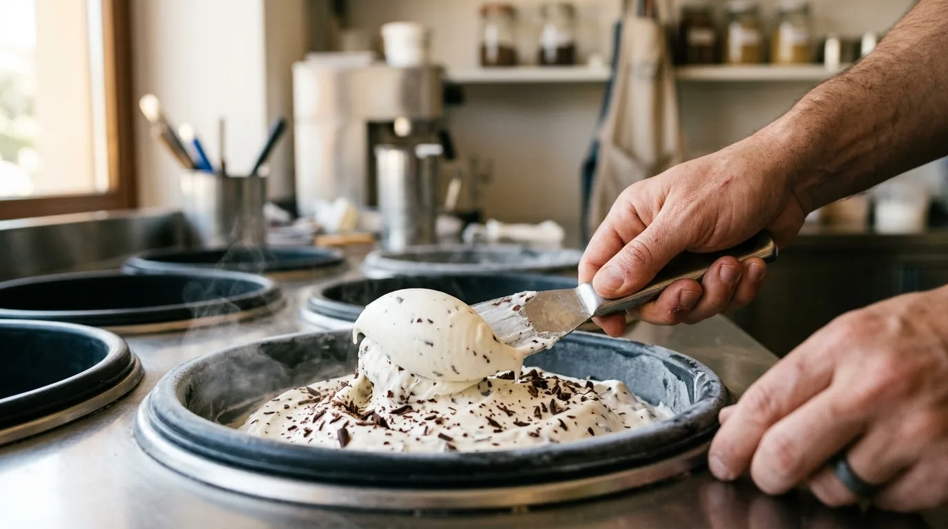 Mani che tirano una quenelle di stracciatella con la spatola da un pozzetto aperto, il vapore del freddo che sale