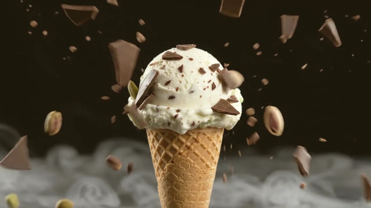 Una pallina di gelato su cialda che passa da pistacchio a stracciatella a fragola a nocciola, con gli ingredienti che entrano in campo